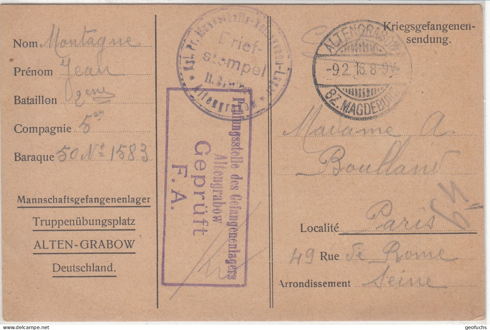 Carte En Franchise Militaire Allemande Pour PG Français Du Camp D'ALTEN-GRABOW (Saxe -Anhalt) Du 9.2.16 - 1. Weltkrieg 1914-1918