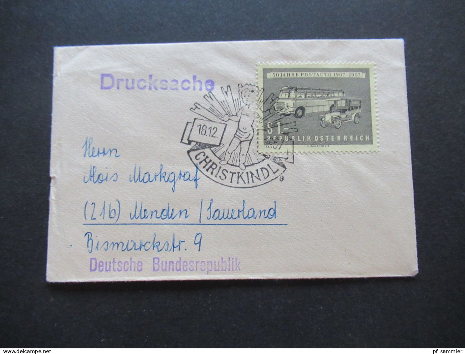Österreich 1957 Auslands Drucksache 50 Jahre Postauto Mi.Nr.1034 EF Mit Sonderstempel Christkindl 1957 - Covers & Documents