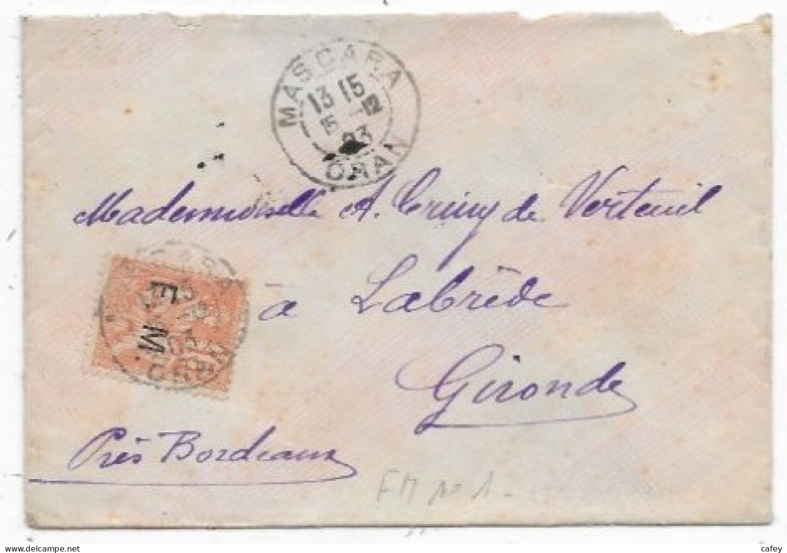 ALGERIE Lettre Timbre FM MOUCHON Càd MASCARA 1903 - Military Postage Stamps
