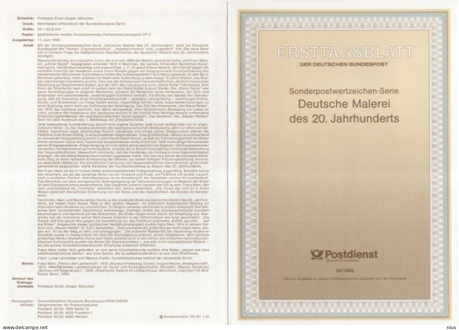 Germany Deutschland 1992-24 Deutsche Malerei, August Macke, Franz Marc Wassily Kandinsky, Canceled In Bonn - 1991-2000