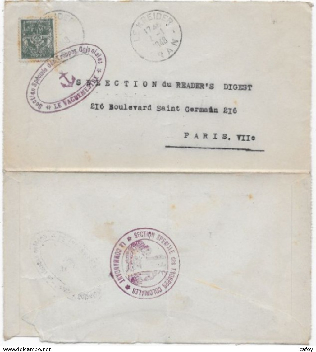 ALGERIE Lettre Timbre FM  Càd LE KREIDER 1948 Cachet FM Ancre Troupes Coloniales - Francobolli  Di Franchigia Militare