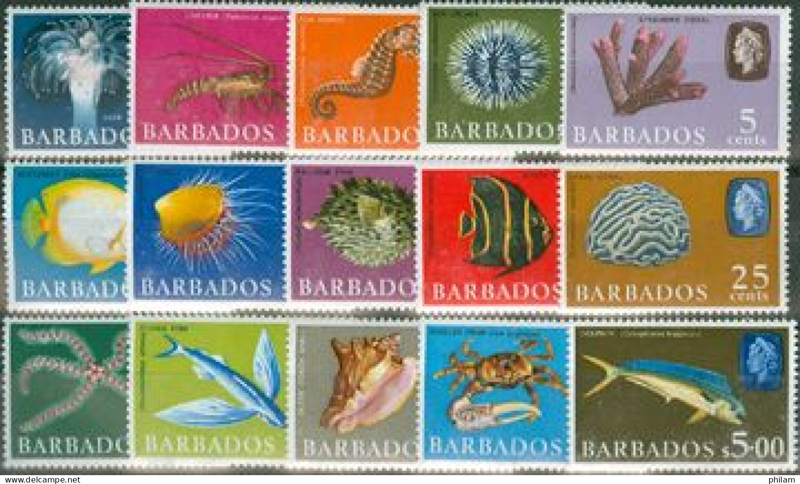 BARBADOS 1965 - Série Courante - Faune Marine - Poissons-coquillages 15 V. - Barbados (1966-...)