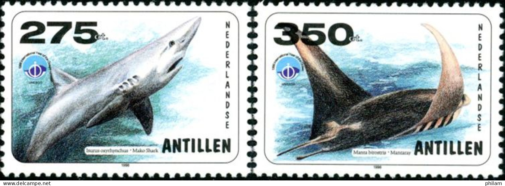 ANTILLES NEERLANDAISES 1998 - Année De L'Océan - Requins - 2 V. - Curaçao, Antilles Neérlandaises, Aruba