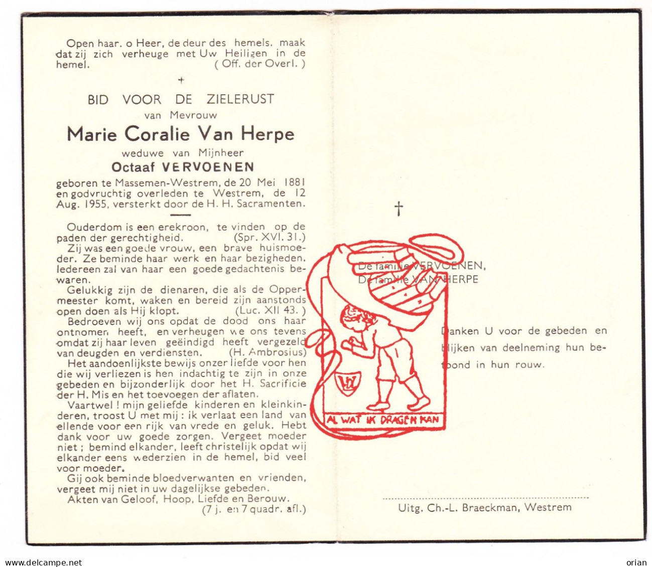 DP Marie Coralie Van Herpe ° Massemen Westrem Wetteren 1881 † 1955 X Octaaf Vervoenen - Andachtsbilder
