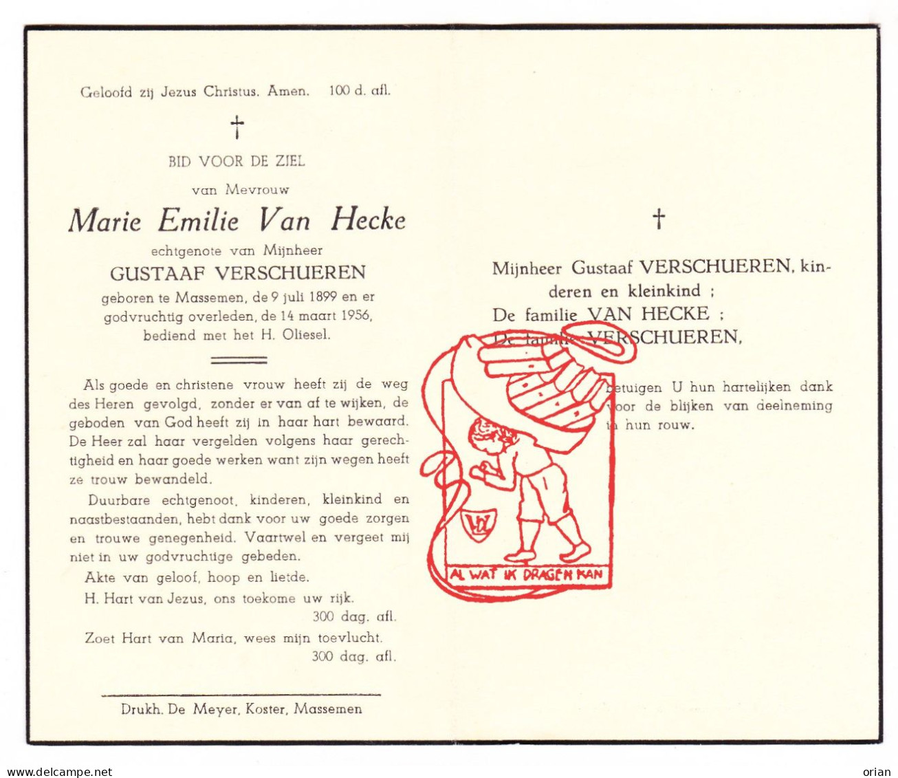 DP Marie Emilie Van Hecke ° Massemen Wetteren 1899 † 1956 X Gustaaf Verschueren - Devotion Images