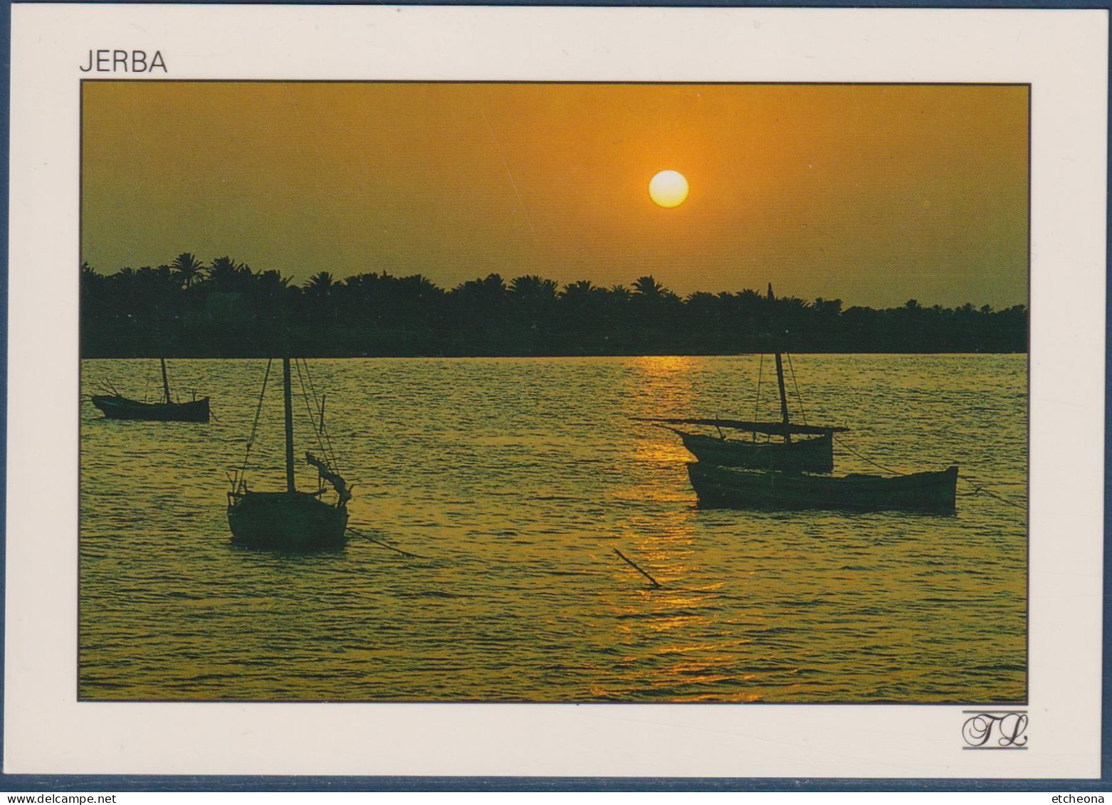 Djerba, Jerba Tunisie, Coucher Du Soleil Sur Le Port De Houmt Souk, Bateaux à L'ancre, Avec Timbre Non Oblitéré - Tunisie