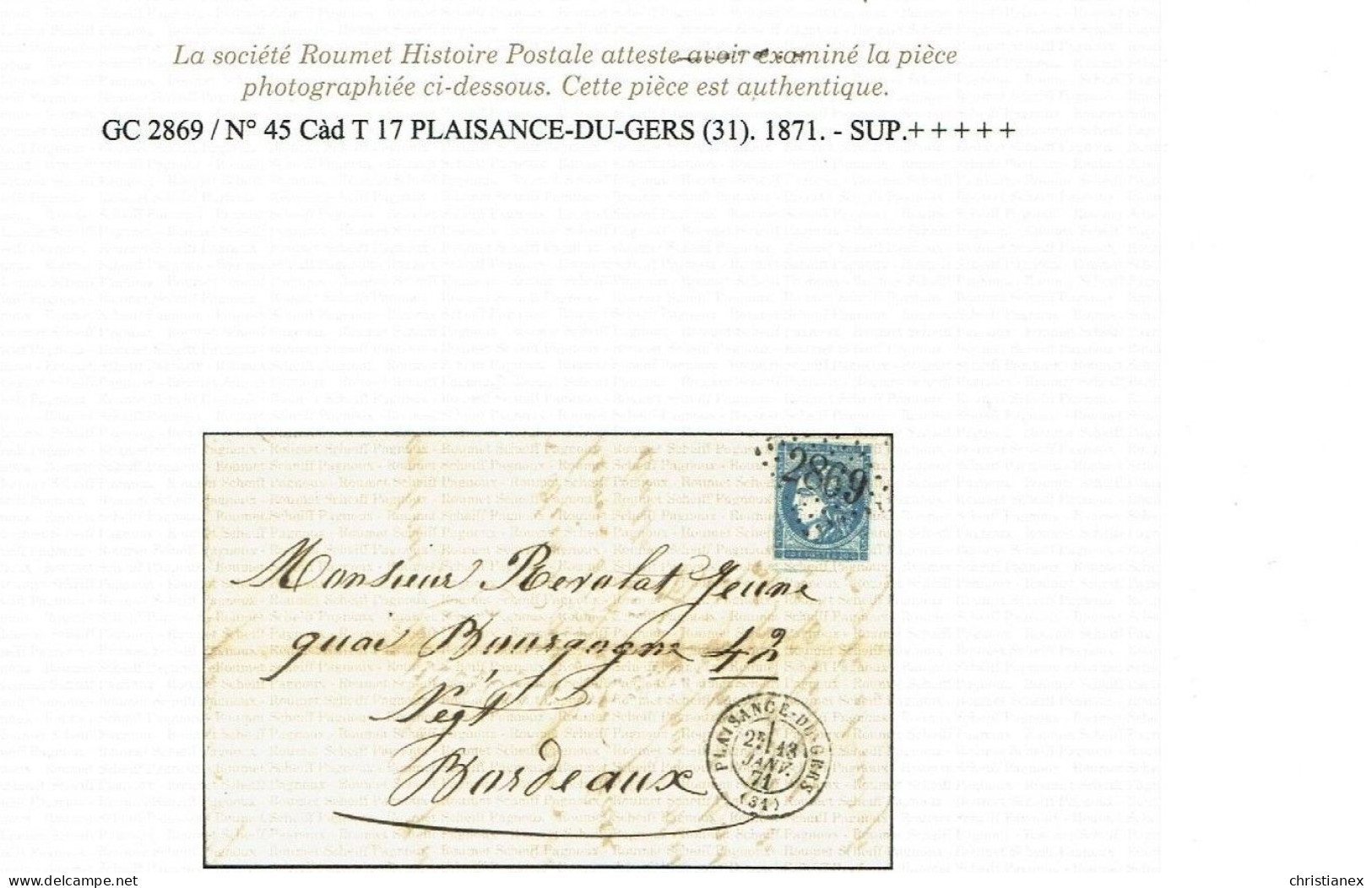 YT N° 45 Sur LAC De Plaisance Du Gers à Bordeaux - Signé/Certificat Roumet - SUP +++ - 1870 Bordeaux Printing