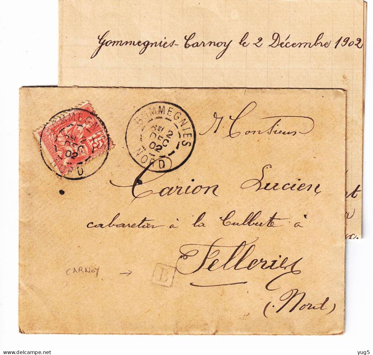Lettre De GOMMEGNIES (NORD) Avec Boîte Auxiliaire B (origine CARNOY) Vers FELLERIES - 1900-02 Mouchon