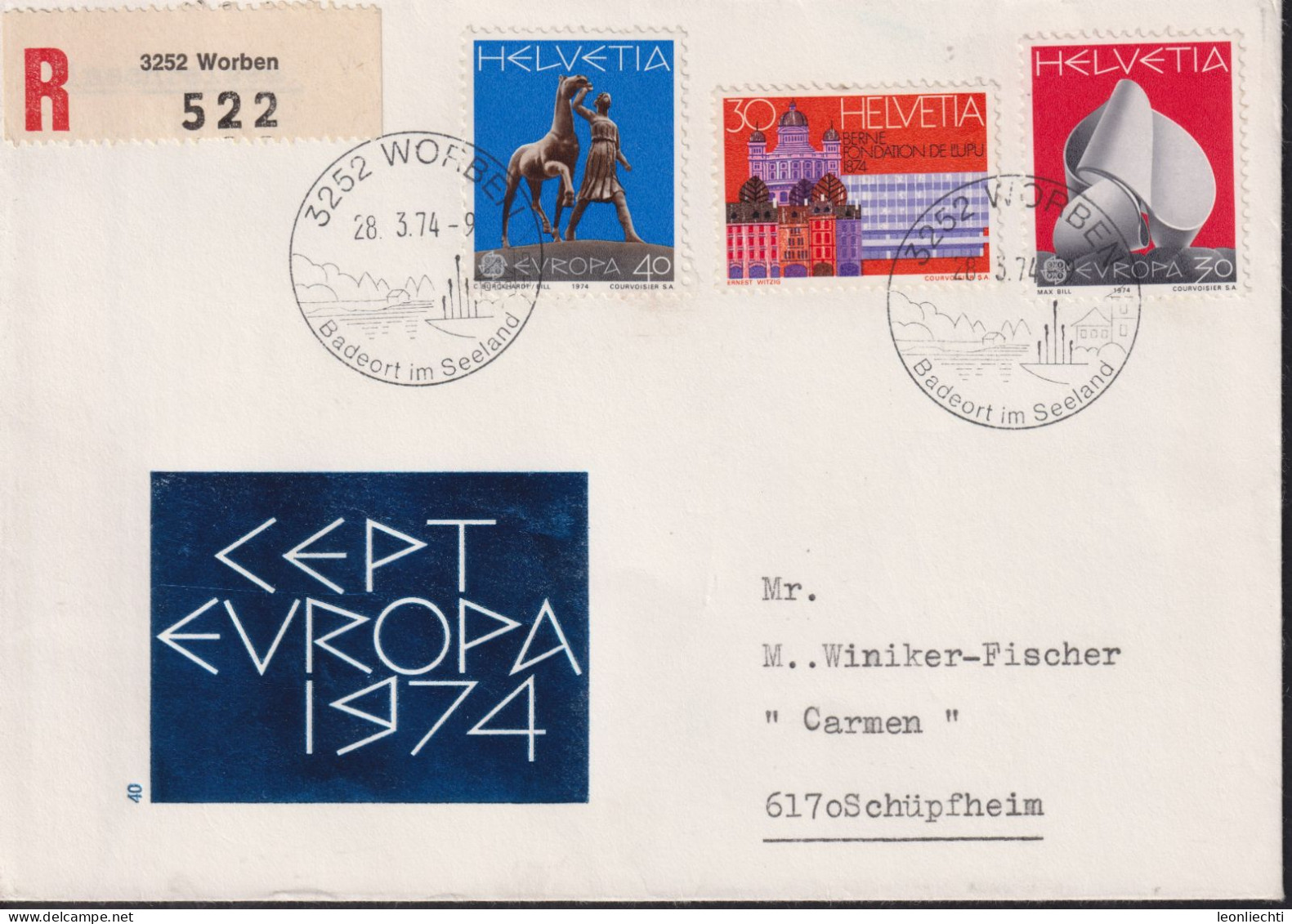 1974 Schweiz R-Brief Zum:CH 356+557+552, Mi:CH 1029+1030+1028, Stempel: 3252 WORBEN - Covers & Documents