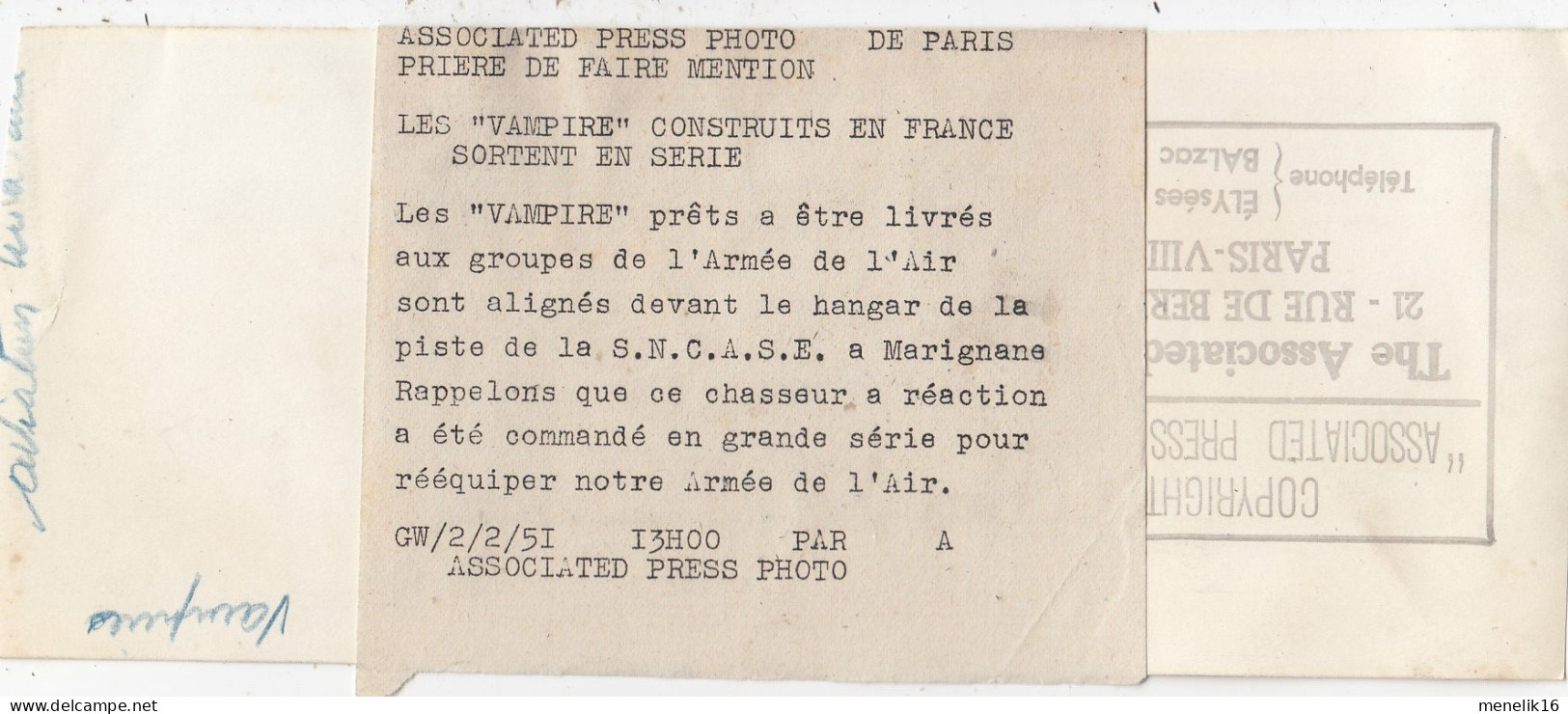 Photo - Sortie De Chaîne Des 1° "Vampire" Français - SNCASE Marignane - Associated Press - 02/1951 - Luftfahrt
