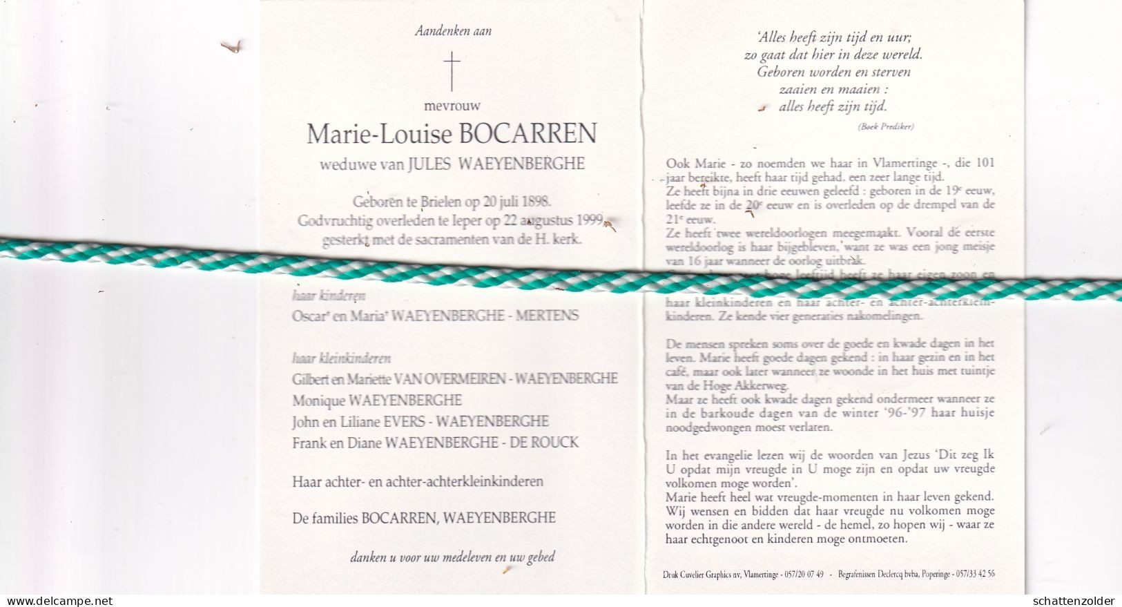 Marie-Louise Bocarren-Waeyenberghe, Brielen 1898, Ieper 1999. Honderdjarige - Décès