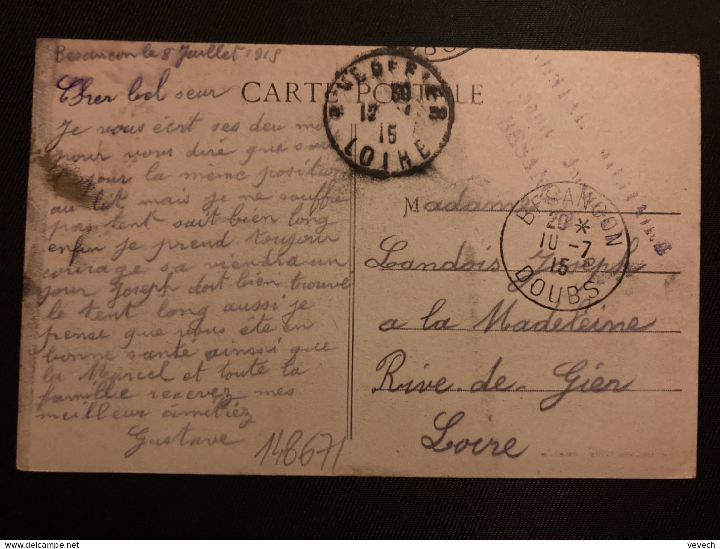 CP BESANCON OBL.10-7 15 BESANCON DOUBS (25) HOPITAL MILITAIRE + EXP: Gustave Pour Mme Joseph LANDOIS - Oorlog 1914-18