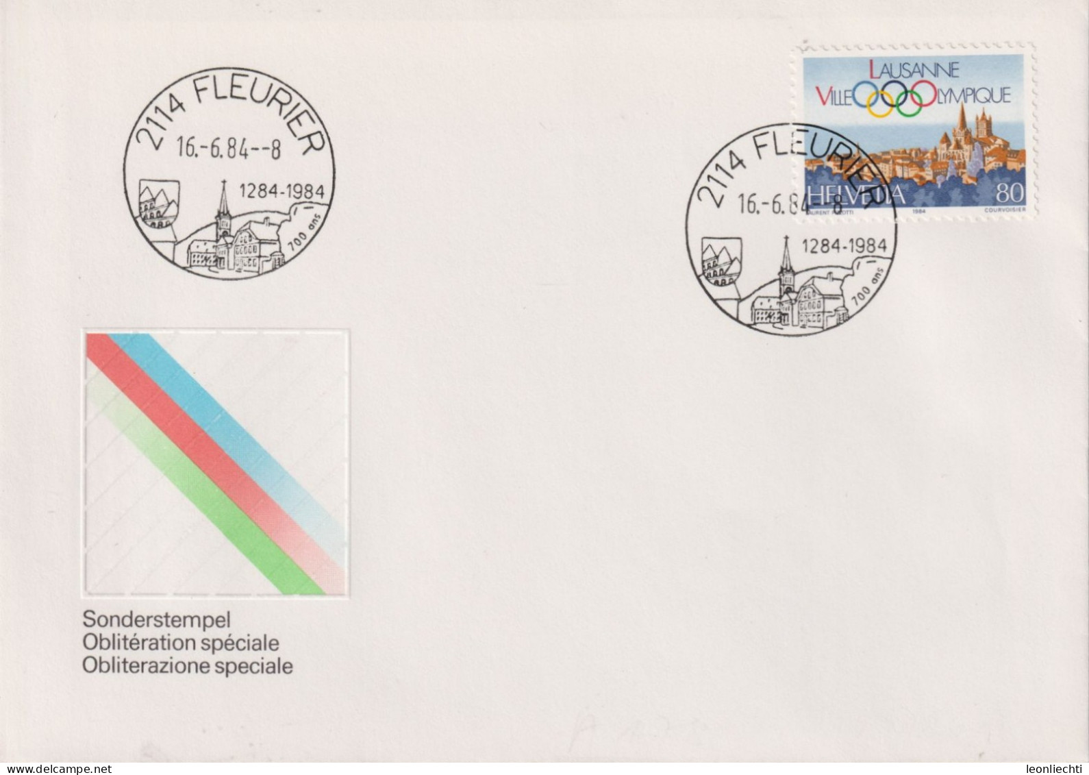 1984 Schweiz Brief Zum:CH 707 Mi:CH 1269, Lausanne, Ville Olympique, Stempel: 2114 FLEURIER - Postmark Collection