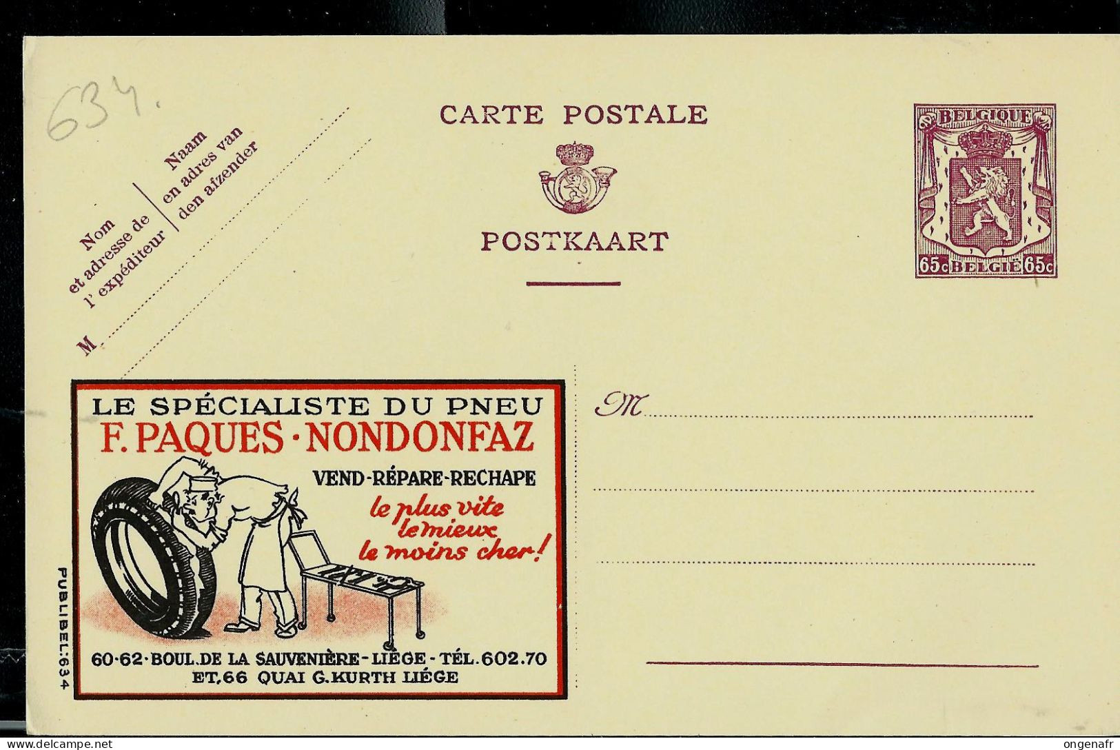 Publibel Neuve N° 634 ( Spécialiste Du Pneu : F. Pâques - Nondonfaz - Liège ) - Publibels