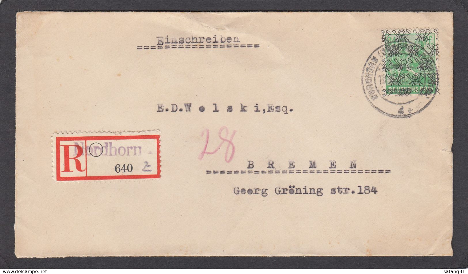 EINGESCHRIEBENER BRIEF AUS NORDHORN,MIT NOT RECO. ZETTEL,NACH BREMEN,1948. - Covers & Documents