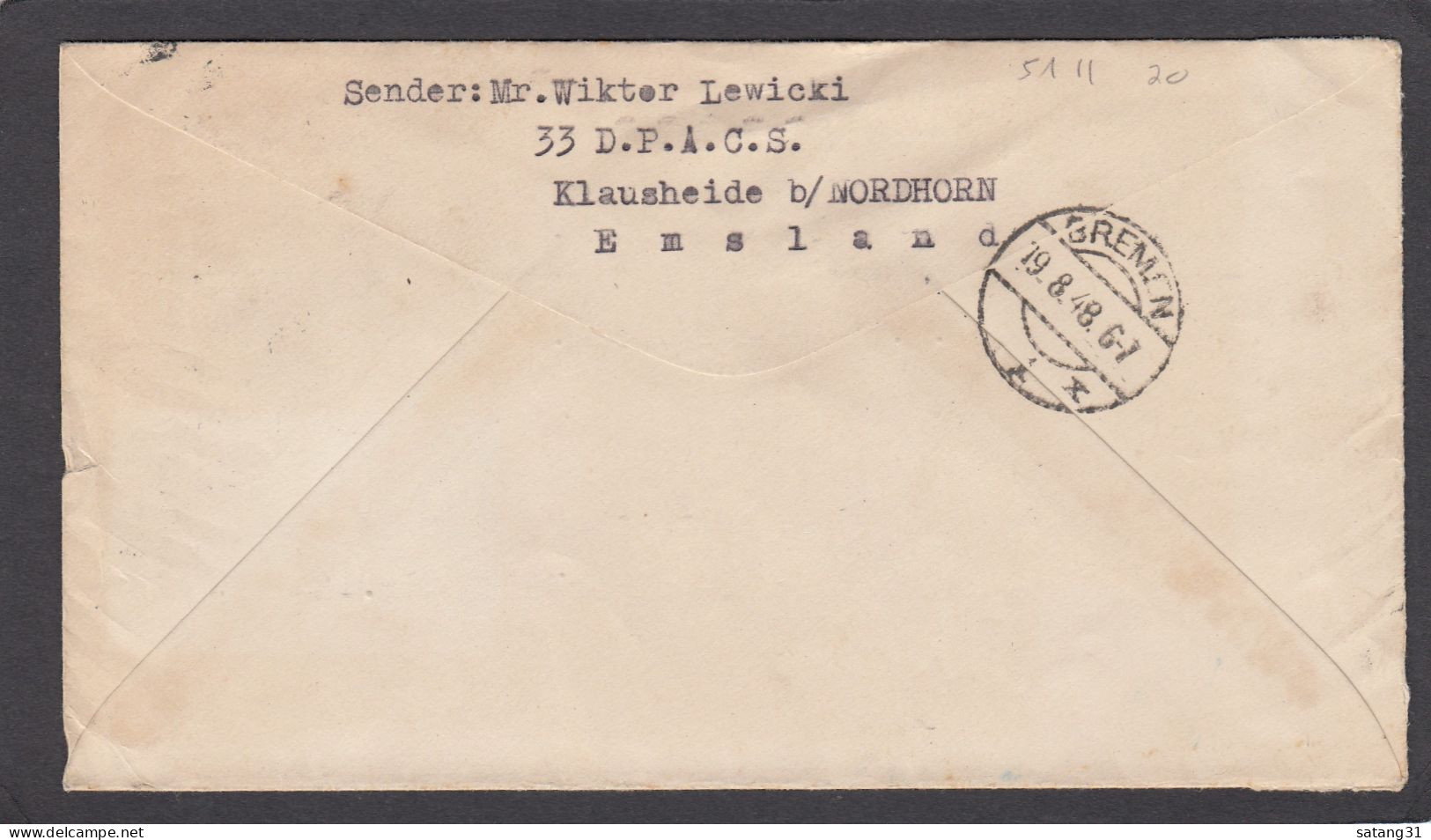 EINGESCHRIEBENER BRIEF AUS NORDHORN,MIT NOT RECO. ZETTEL,NACH BREMEN,1948. - Brieven En Documenten