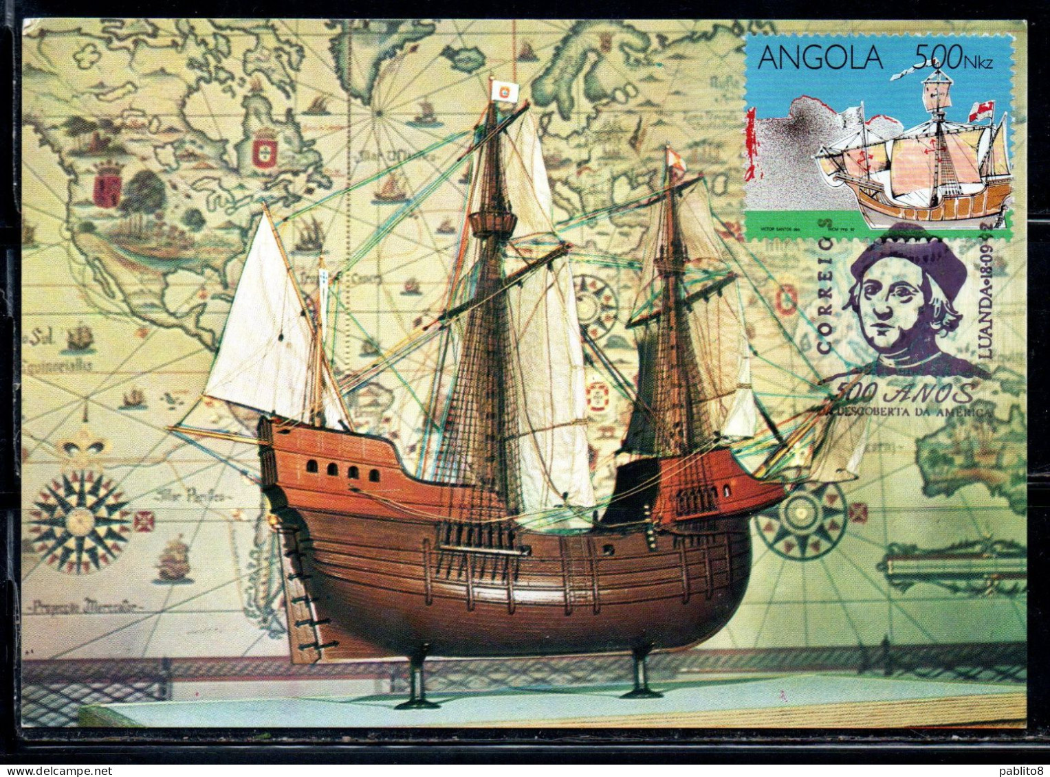 ANGOLA 1992 DISCOVERY OF AMERICA GENOA 92 COLUMBUS CRISTOFORO COLOMBO 500k MAXI MAXIMUM CARD - Angola