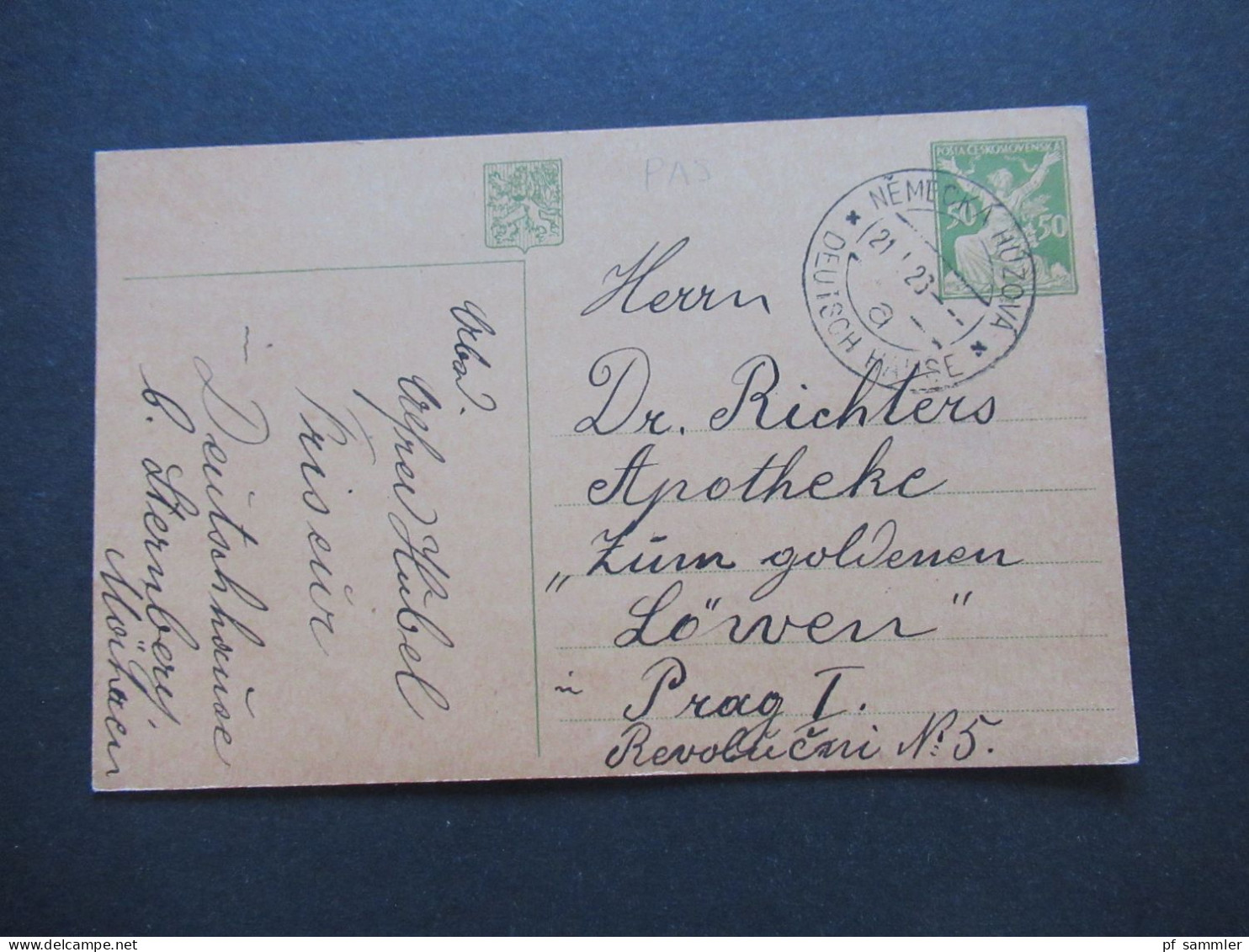 Österreich / CSSR 1923 Ganzsache Mit Stempel Deutsch Hause Nemecka Huzova Nach Prag Gesendet - Briefe U. Dokumente