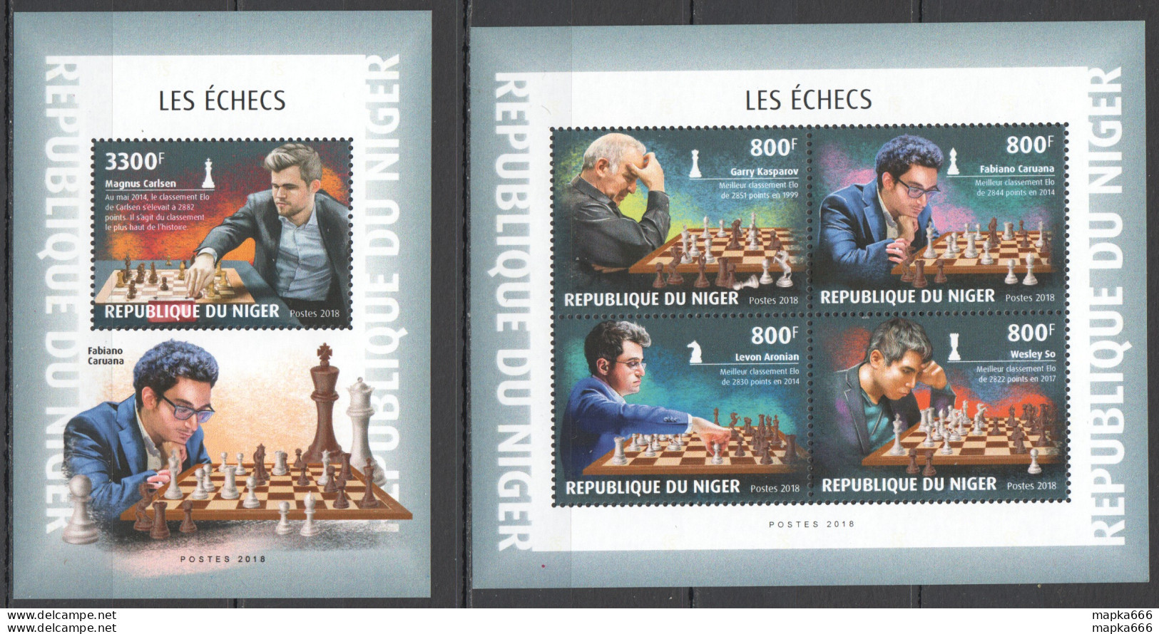 Hm1817 2018 Niger Magnus Carlsen Kasparov Chess Champions #6225-8+Bl947 Mnh - Schaken