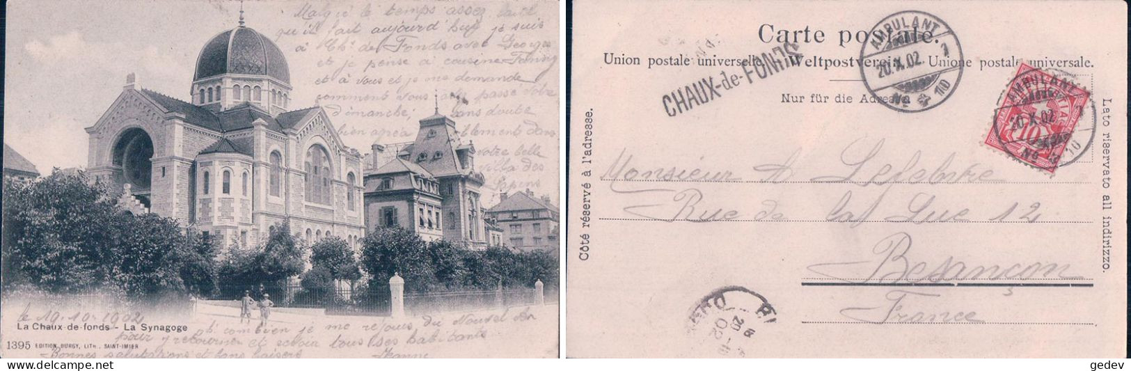 Chaux-de-Fonds NE, La Synagoge, Cachet Linéaire CHAUX-DE-FONDS (20.10.1902) - La Chaux-de-Fonds
