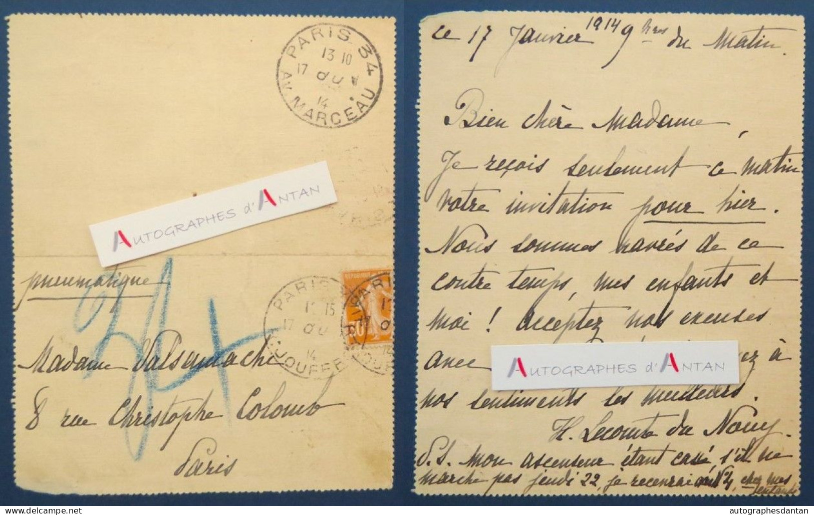 ● Hermine LECOMTE DU NOUY Femme De Lettre à Mme VALSAMACHI à Paris Carte Pneumatique Lettre 1914 - Writers