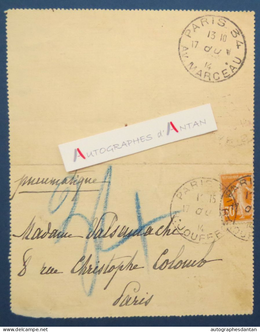 ● Hermine LECOMTE DU NOUY Femme De Lettre à Mme VALSAMACHI à Paris Carte Pneumatique Lettre 1914 - Ecrivains