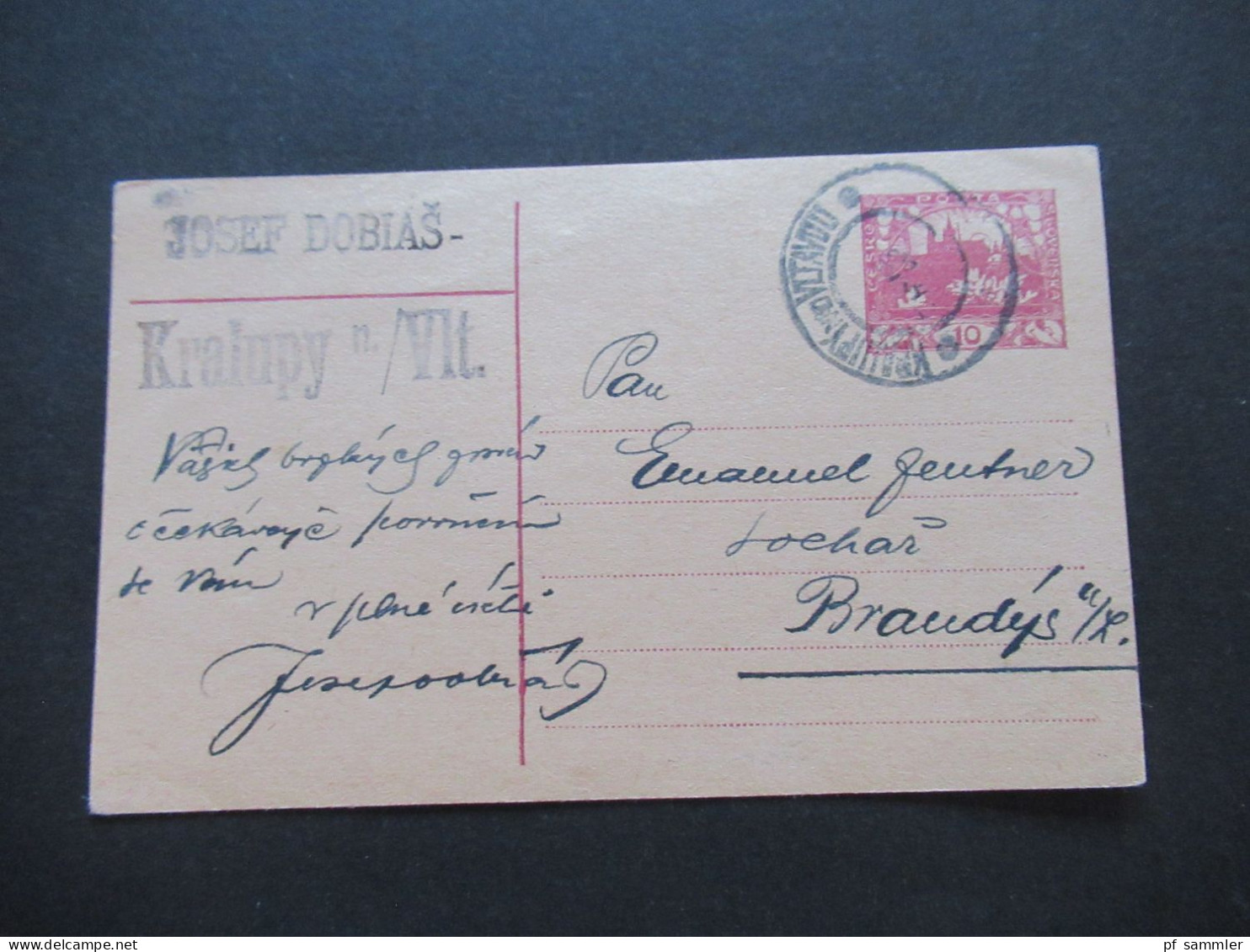 CSSR 1919 Hradschin Ganzsache Mit Stempel K2 Kralupy Nad Vltavou - Brieven En Documenten