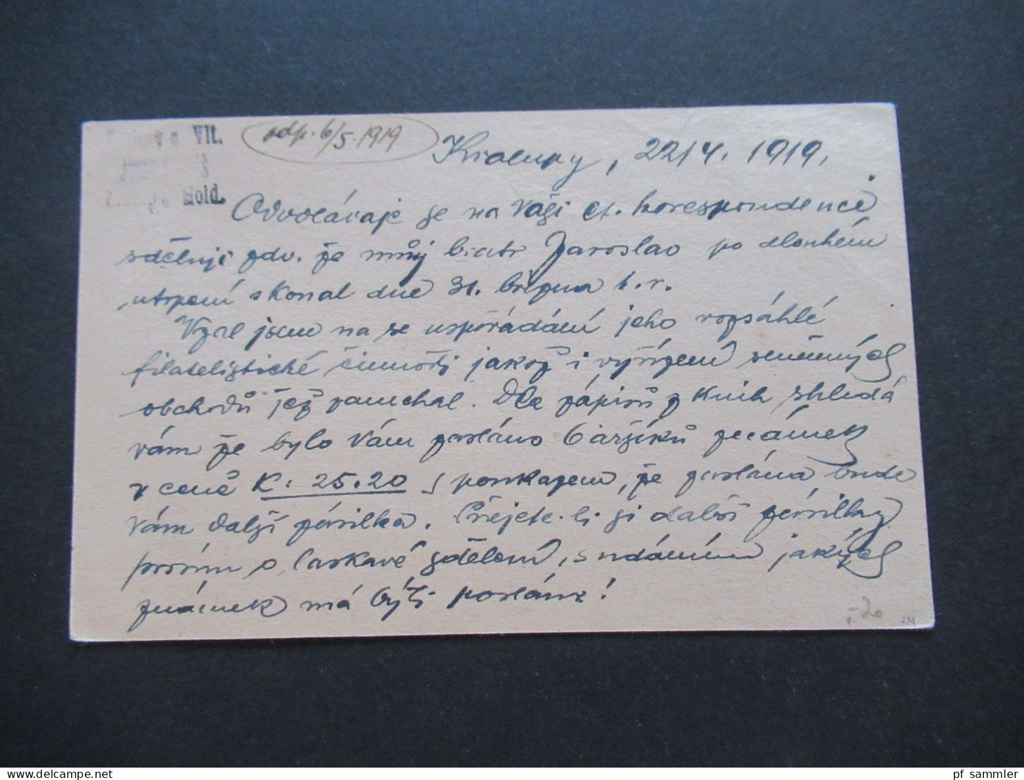 CSSR 1919 Hradschin Ganzsache Mit Stempel K2 Kralupy Nad Vltavou - Briefe U. Dokumente