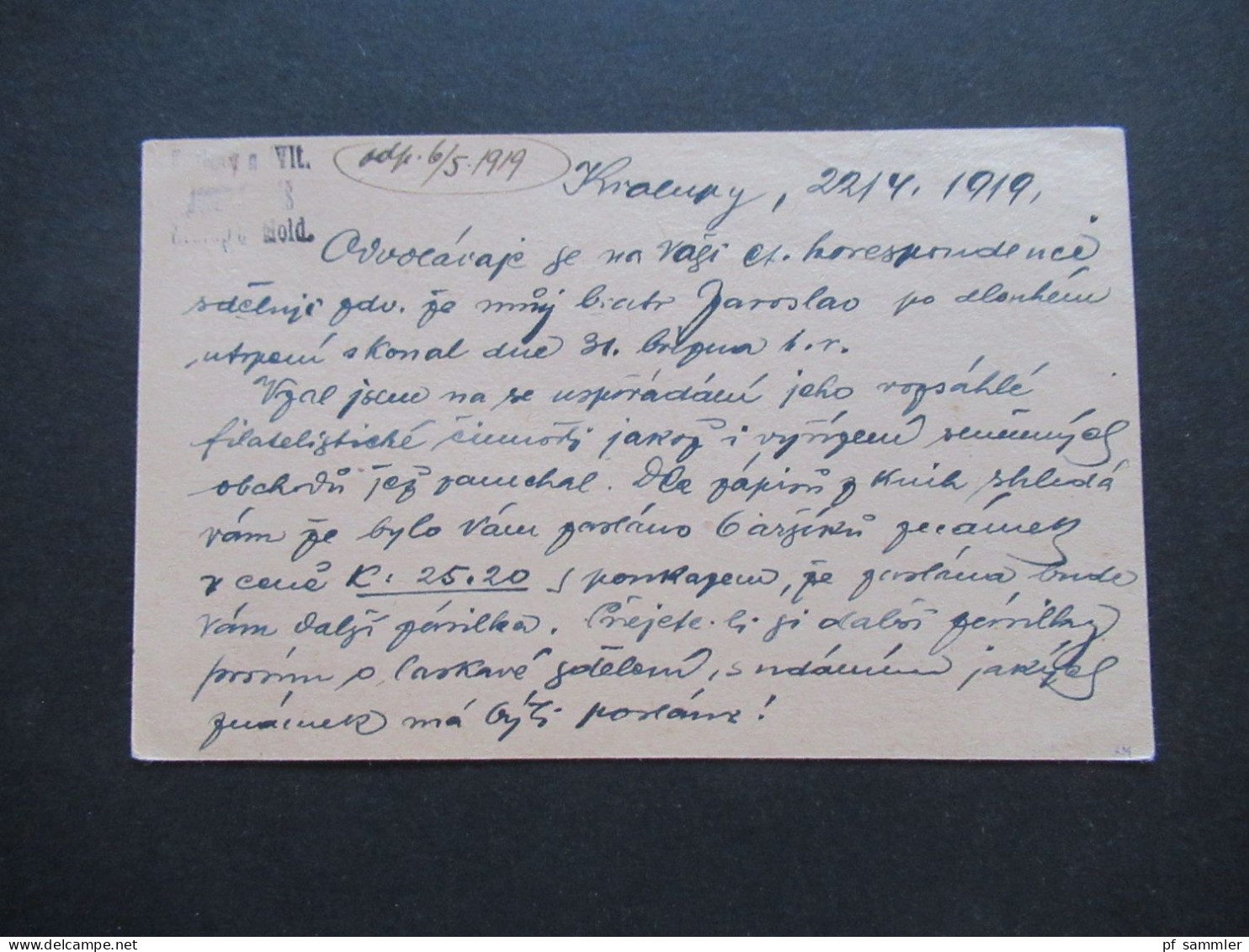 CSSR 1919 Hradschin Ganzsache Mit Stempel K2 Kralupy Nad Vltavou - Storia Postale