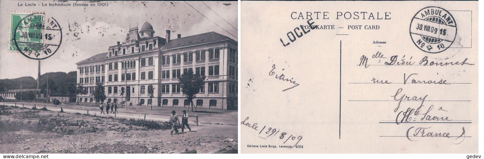 Le Locle NE, Le Technicum, Cachet Linéaire LOCLE (30.9.1909) - Le Locle