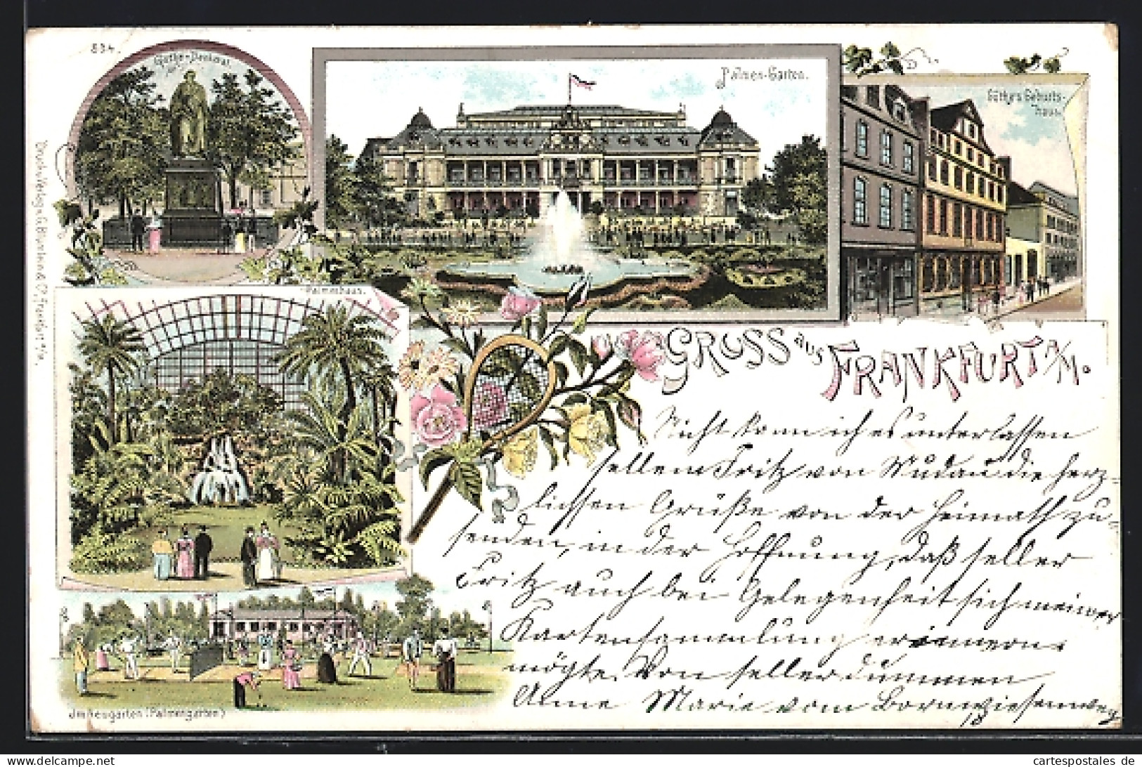 Lithographie Alt-Frankfurt, Goethe`s Geburtshaus, Palmen-Garten  - Frankfurt A. Main