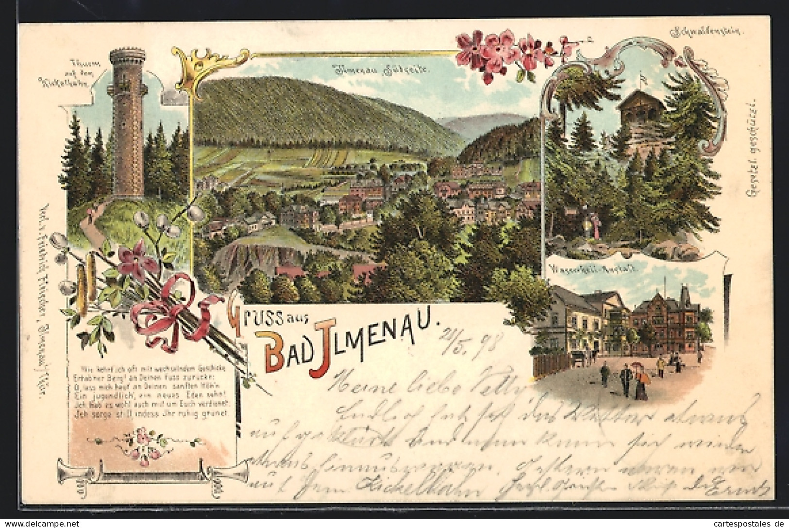 Lithographie Bad Ilmenau, Thurm Auf Dem Kickelhahn, Südseite Des Ortes, Schwalbenstein & Wasserheil-Anstalt  - Ilmenau