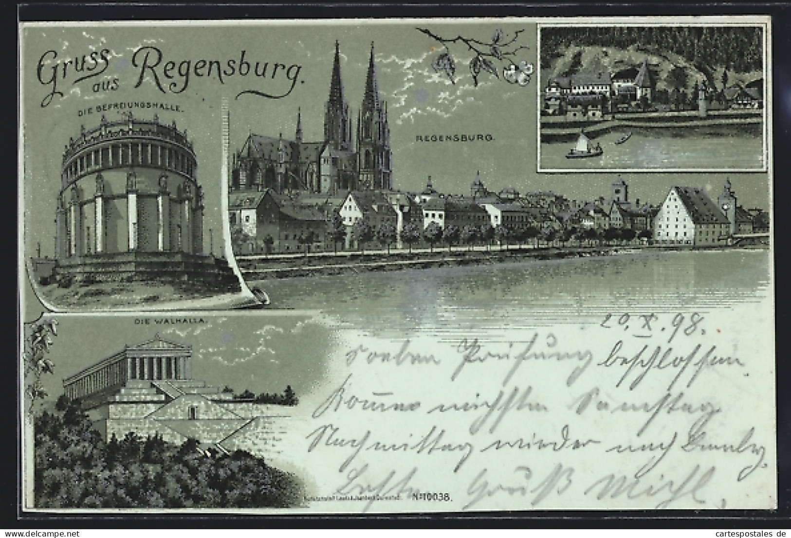 Mondschein-Lithographie Regensburg, Die Befreiungshalle, Die Walhalla, Flusspanorama  - Regensburg