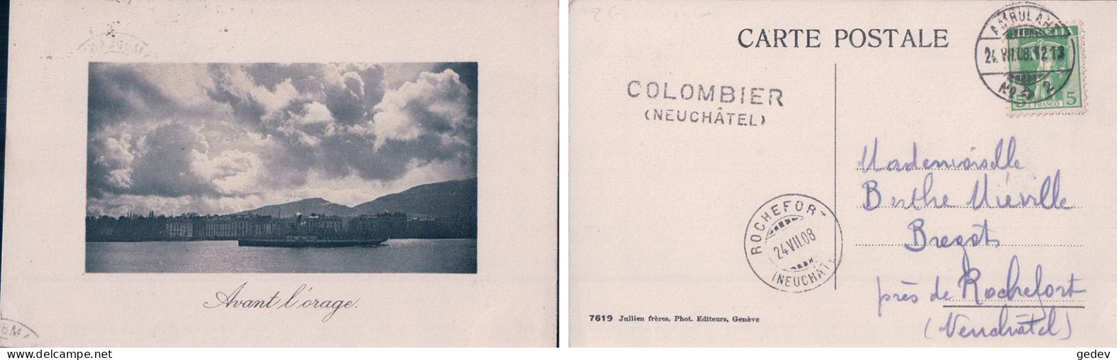 Genève Avant L'orage, Cachet Linéaire COLOMBIER (NEUCHATEL) (24.7.1908) - Colombier