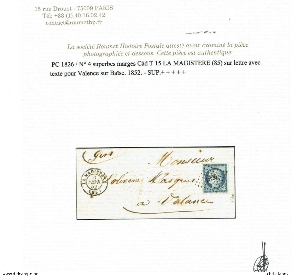 YT N° 4 Cérès 25 C BLEU Sur LAC La Magistère 6-2-1852 à Valence Sur Baïse - Signé Calves/Certificat ROUMET - SUP +++ - 1849-1850 Cérès