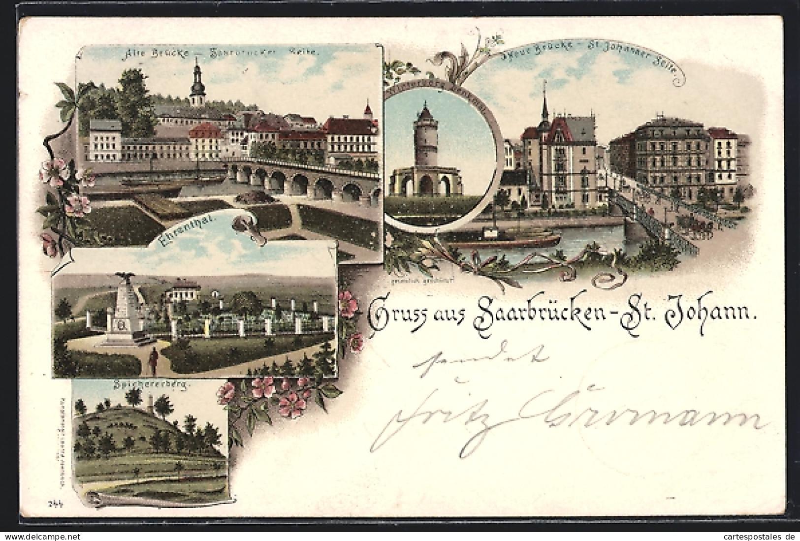 Lithographie Saarbrücken-St. Johann, Spichererberg, Alte Brücke, Neue Brücke, Winterberg-Denkmal, Ehrental Um 1900  - Saarbruecken