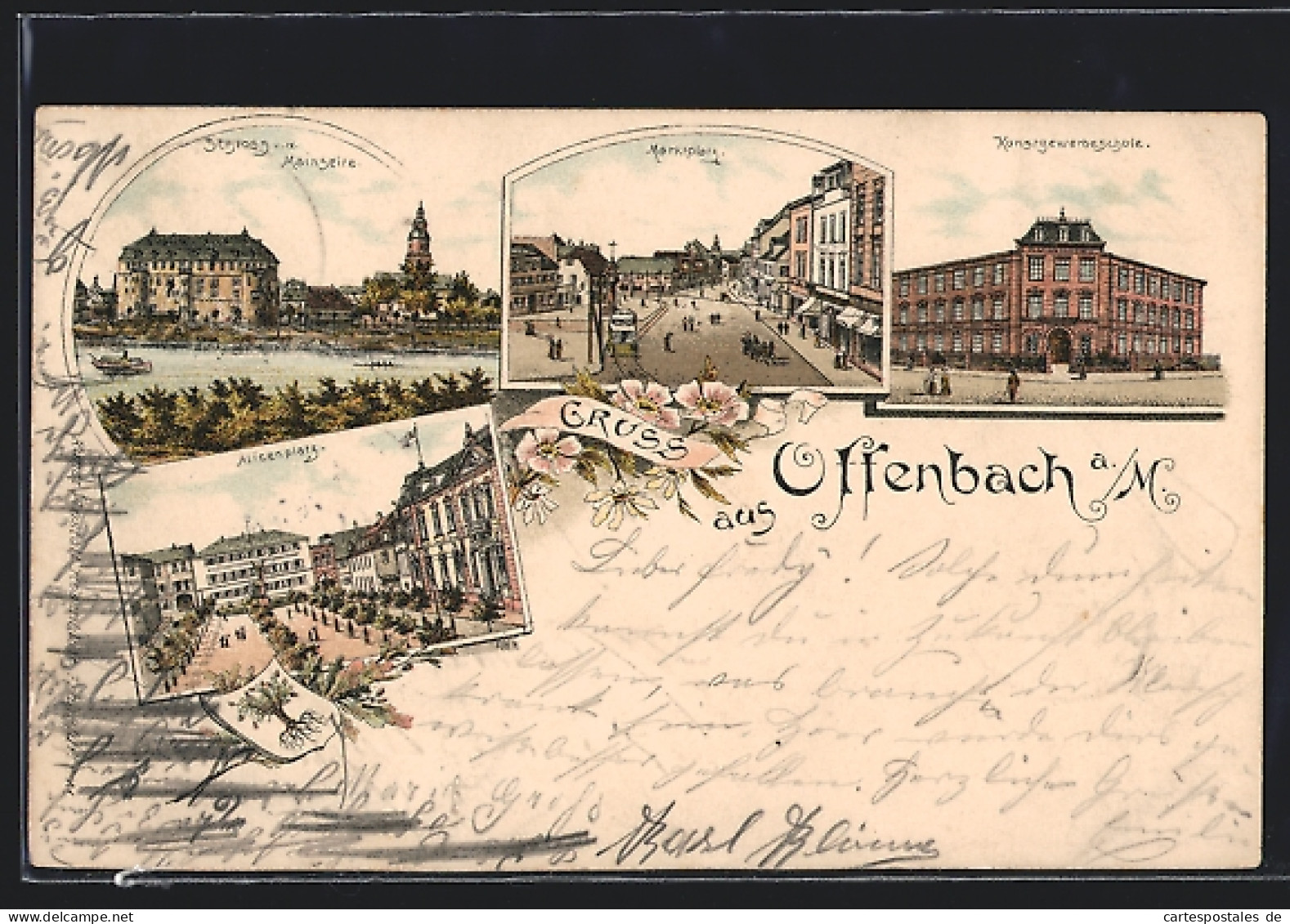 Lithographie Offenbach A. M., Alicenplatz, Schloss, Kunstgewerbeschule  - Offenbach