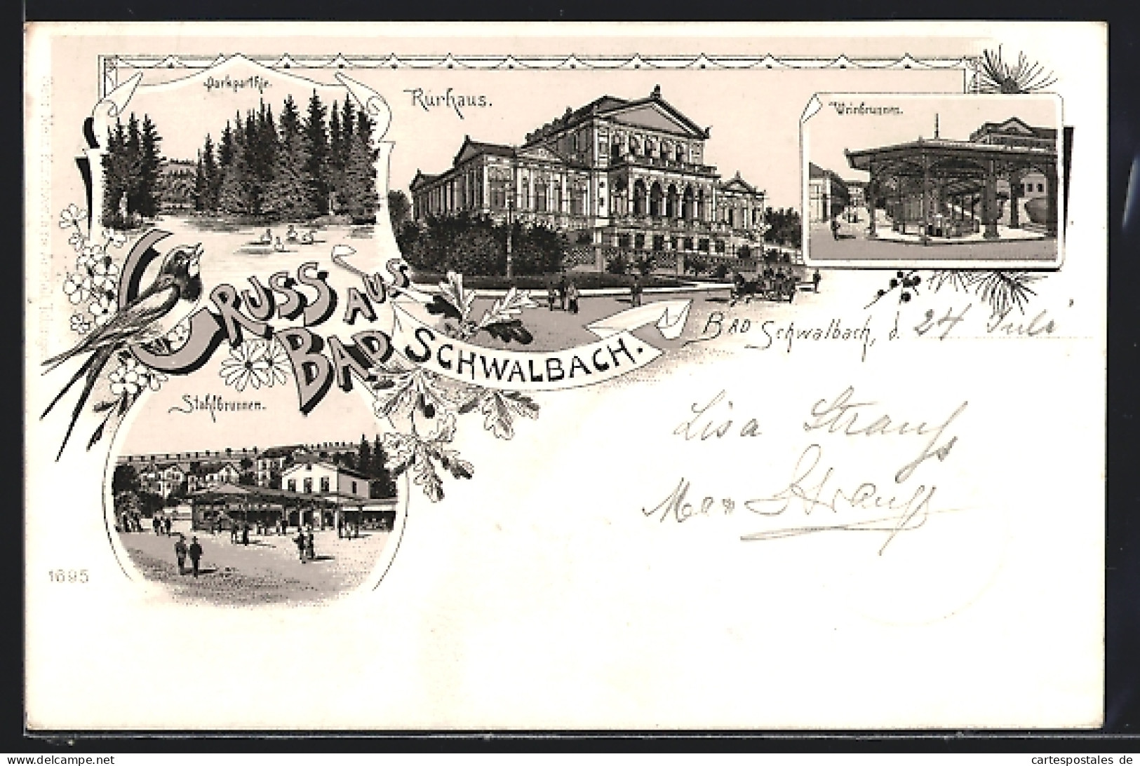 Lithographie Bad Schwalbach, Kurhaus, Stahlbrunnen, Weinbrunnen  - Bad Schwalbach