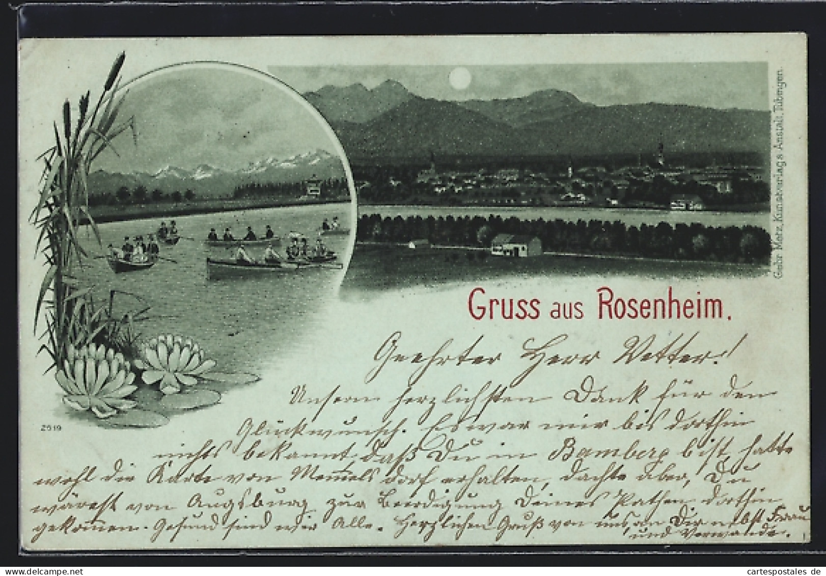 Mondschein-Lithographie Rosenheim, Bootsfahrt Auf Dem Inn, Ortsansicht Gegen Die Alpen  - Rosenheim