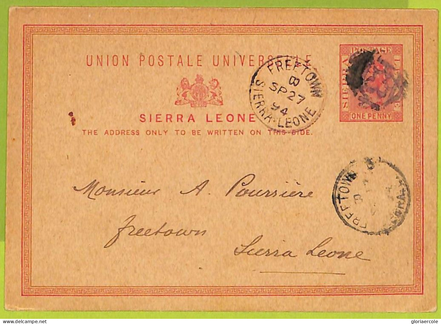 39947 - SIERRA LEONE - Postal History -  B3 Grill Cancel On STATIONERY CARD 1894 - Sierra Leone (...-1960)