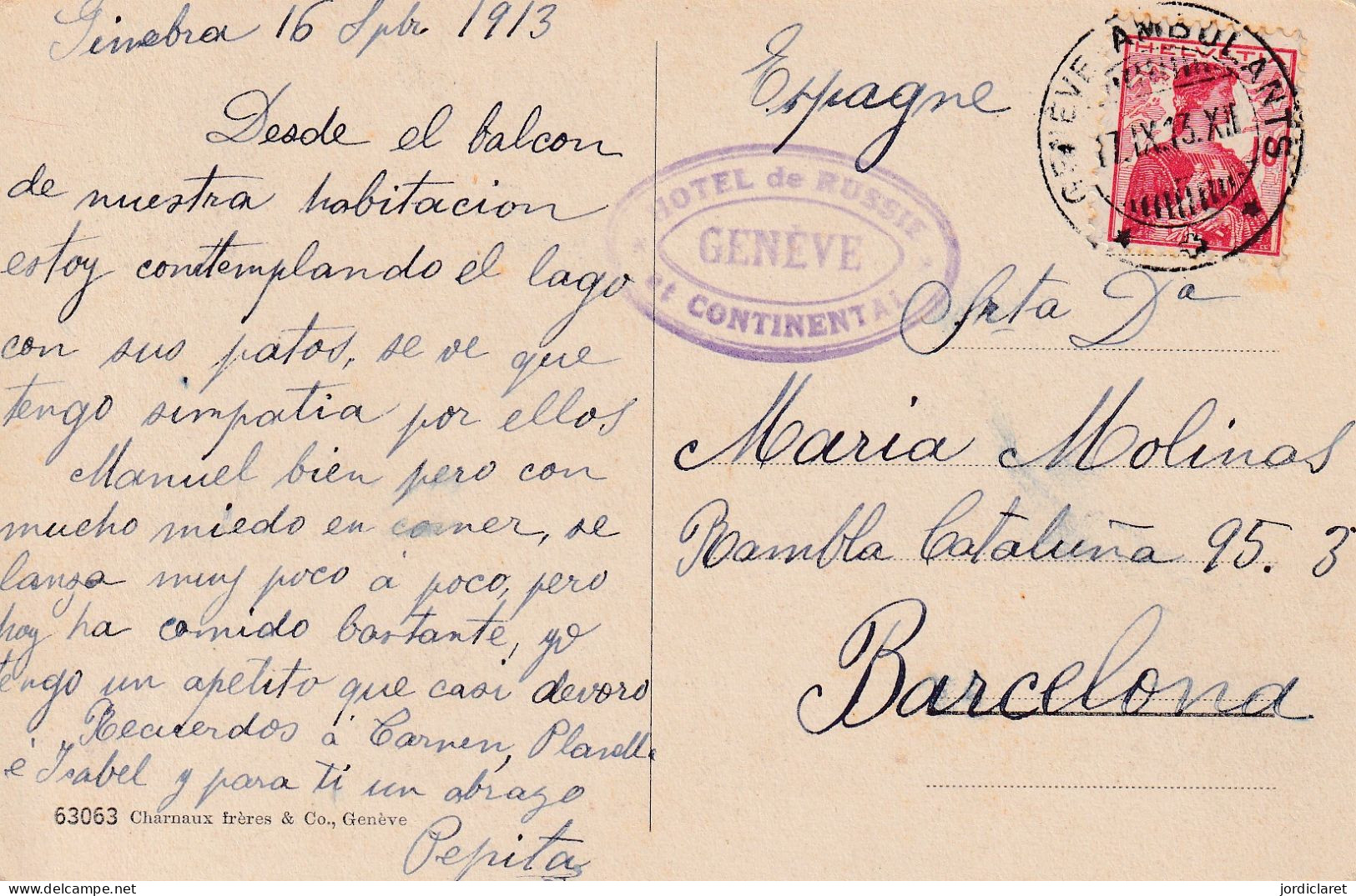 CARD 1913  MARCA HOTEL DE RUSSIE GENEVE    AMBULANTS - Briefe U. Dokumente
