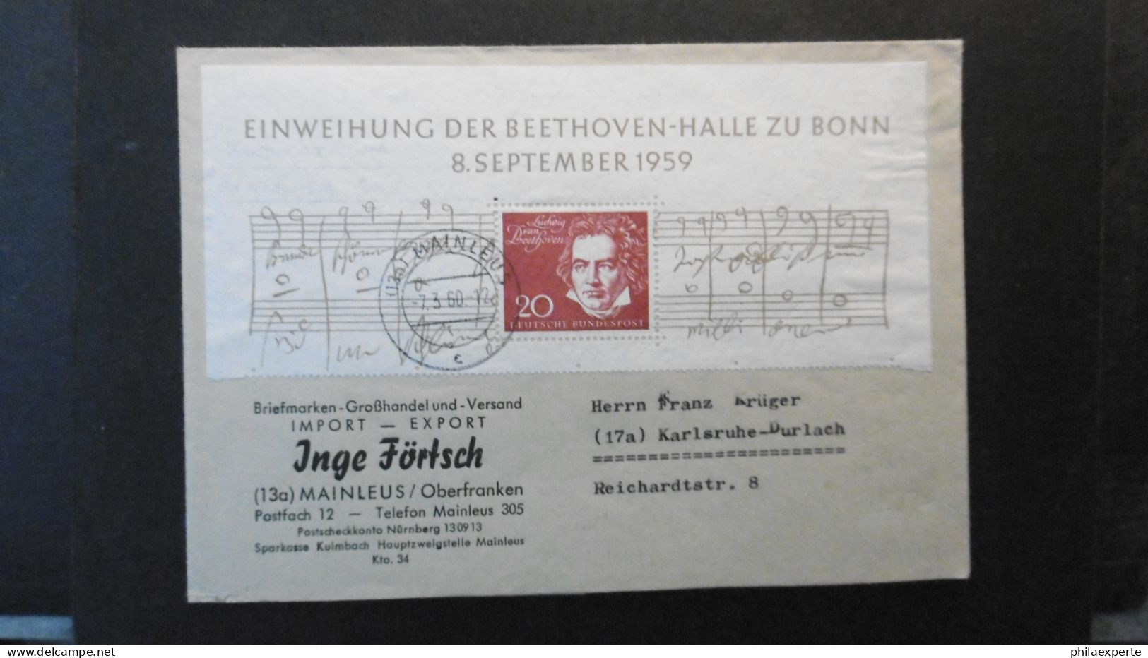 Bund Mi. 317 Mit Blockoberteil Brief Maitens 7.3.1960 Nach Karlsruhe-dekorativ-Mi. 75.-€ - Briefe U. Dokumente