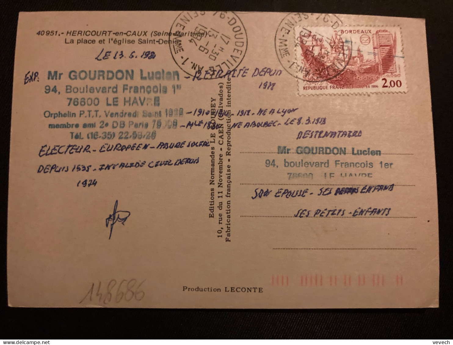 CP HERICOURT EN CAUX TP BORDEAUX 2,00 OBL.13-6 1984 76 DOUDEVILLE AN.1 SEINE Mme (ANNEXE) - Manual Postmarks