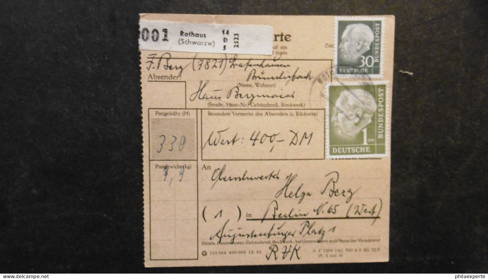 Bund Mi. 194 Paar + Einzelmarke + Mi. 259 Packetkarte Von Rothaus 12.4.1962 Nach Berlin Mi. 500.-€ - Storia Postale