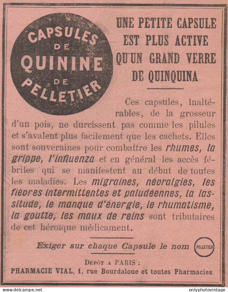 Capsule De QUININE De Pelletier - Pubblicità D'epoca - 1902 Old Advert - Pubblicitari