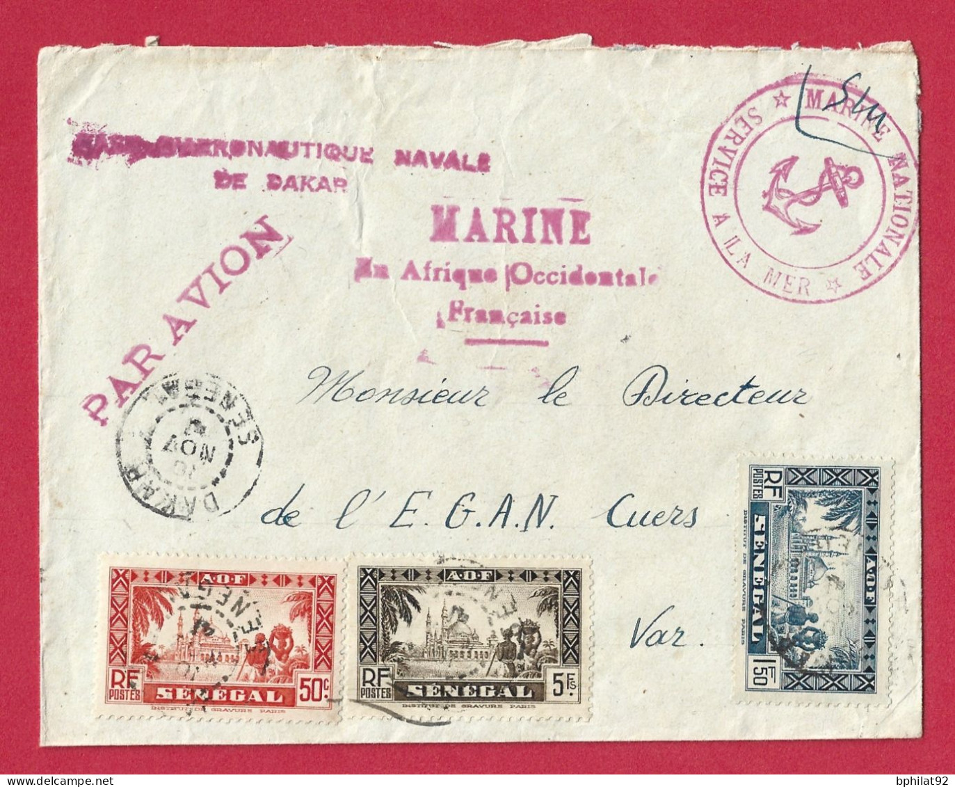 !!! SÉNÉGAL, LETTRE FM PAR AVION DE LA BASE AÉRONAVALE DE DAKAR POUR LA FRANCE DE 1941, CACHET MARINE NATIONALE EN AOF - Cartas & Documentos