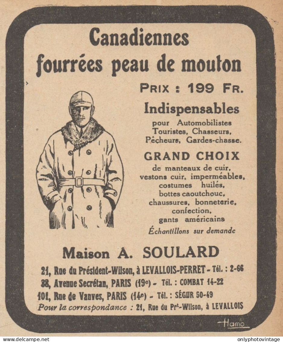 A. SOULARD - Canadiennes Fourrées Peau De Mouton - Pubblicità - 1926 Ad - Pubblicitari