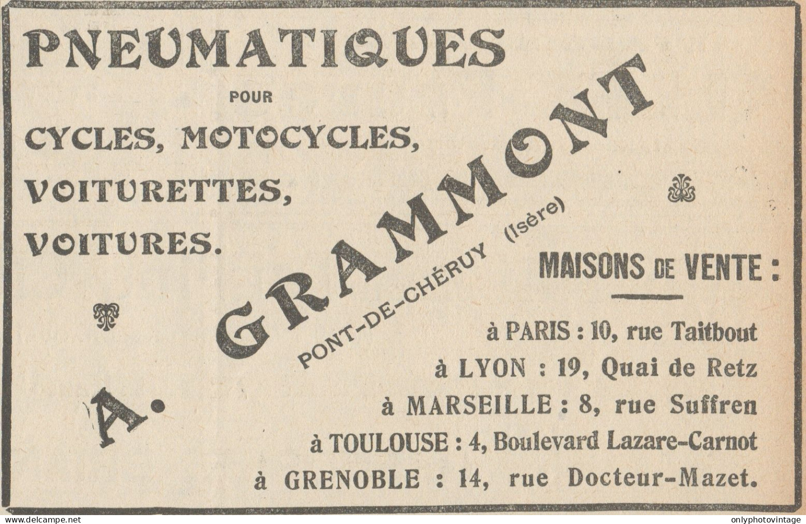 Pneumatiques Pour Motocycles GRAMMONT - Pubblicità D'epoca - 1907 Old Ad - Publicités