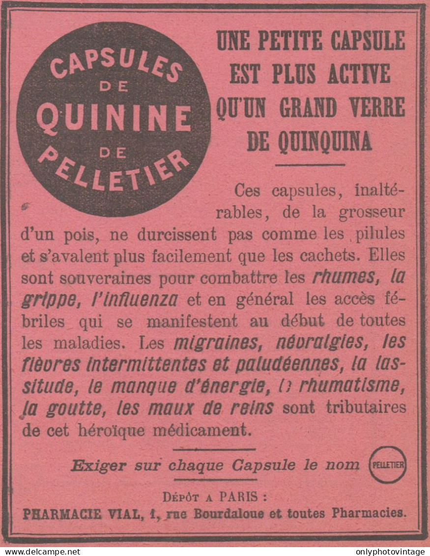 Capsules De QUININE De PELLETTIER - Pubblicità D'epoca - 1907 Old Advert - Publicités