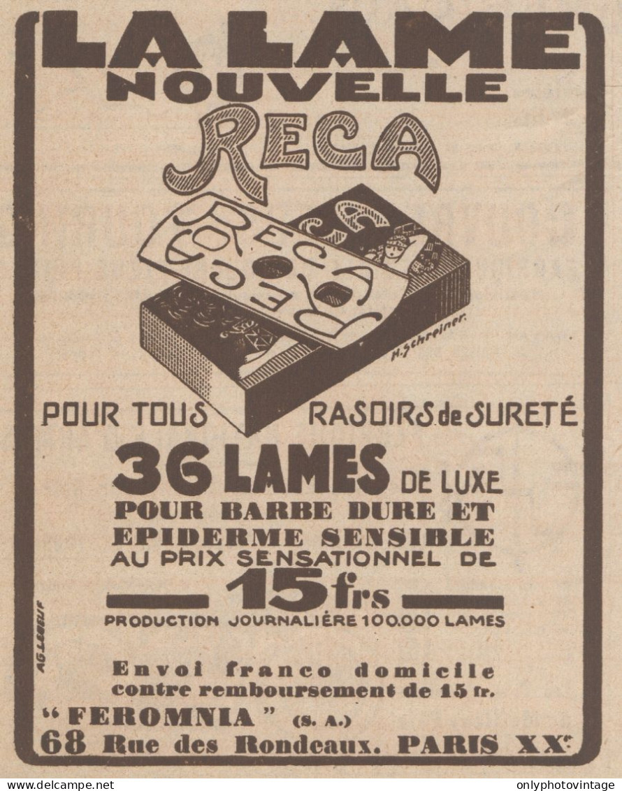 RECA - Lame Pour Tous Rasoirs - Pubblicità D'epoca - 1931 Old Advertising - Publicités